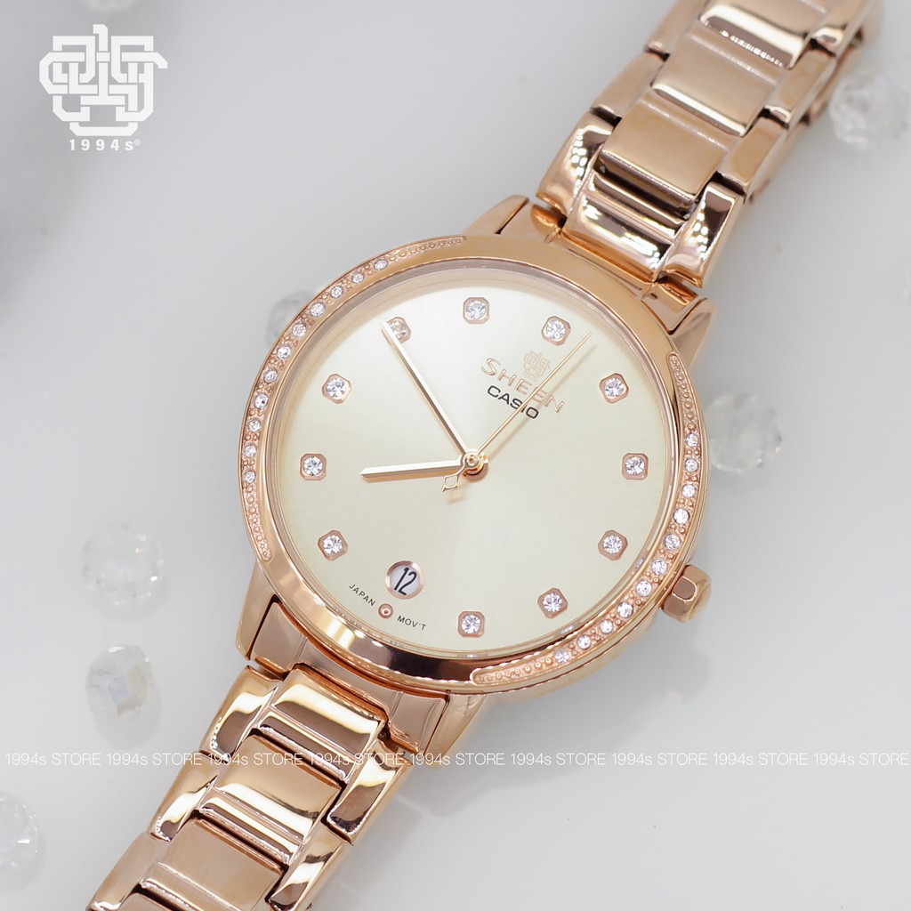 Đồng hồ nữ Casio Sheen SHE-4056 / SHE-4056PG-4A đính đá, chống nước 50m, size 32mm, hàng chính hãng bảo hành 01 năm