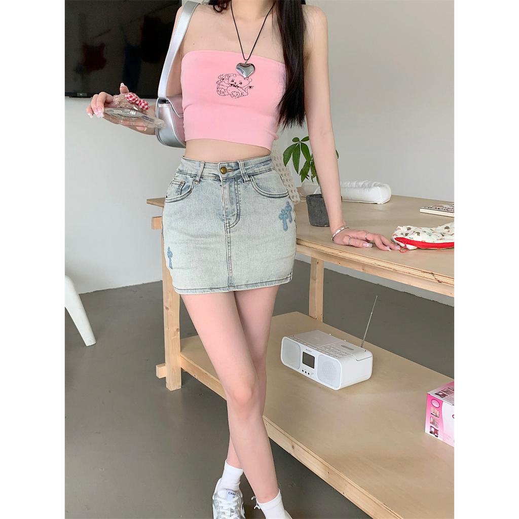 「MOTEL7」Chân Váy Jeans Ngắn Lưng Cao Thêu Chữ Thập Phong Cách Mới Cho Nữ
