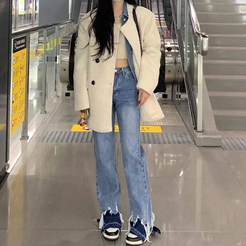 Personalized Street hot girl design style pants contrast color stitching denim straight wide leg loose trousers mop pants trendy uA4P