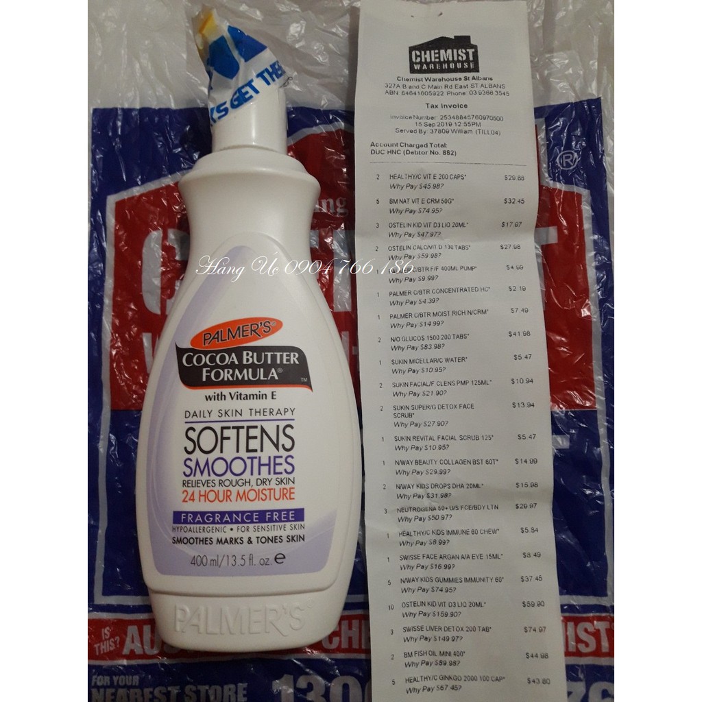 Sữa dưỡng thể mềm mịn Bơ Cacao Palmers Cocoa Butter Formula with Vitamin E/ Fragrance Free Lotion 40