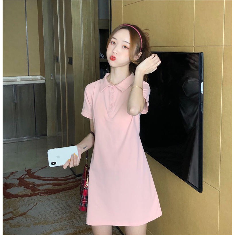 Váy suông polo cổ bẻ hồng dây buộc cho nữ Yoomeclothing [ ẢNH THẬT SHOP CHỤP]