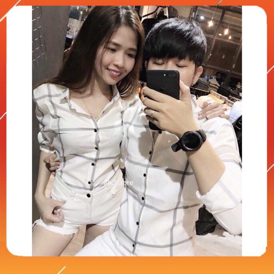 Áo sơ mi cặp trắng ô vuông xám (Ảnh thật)