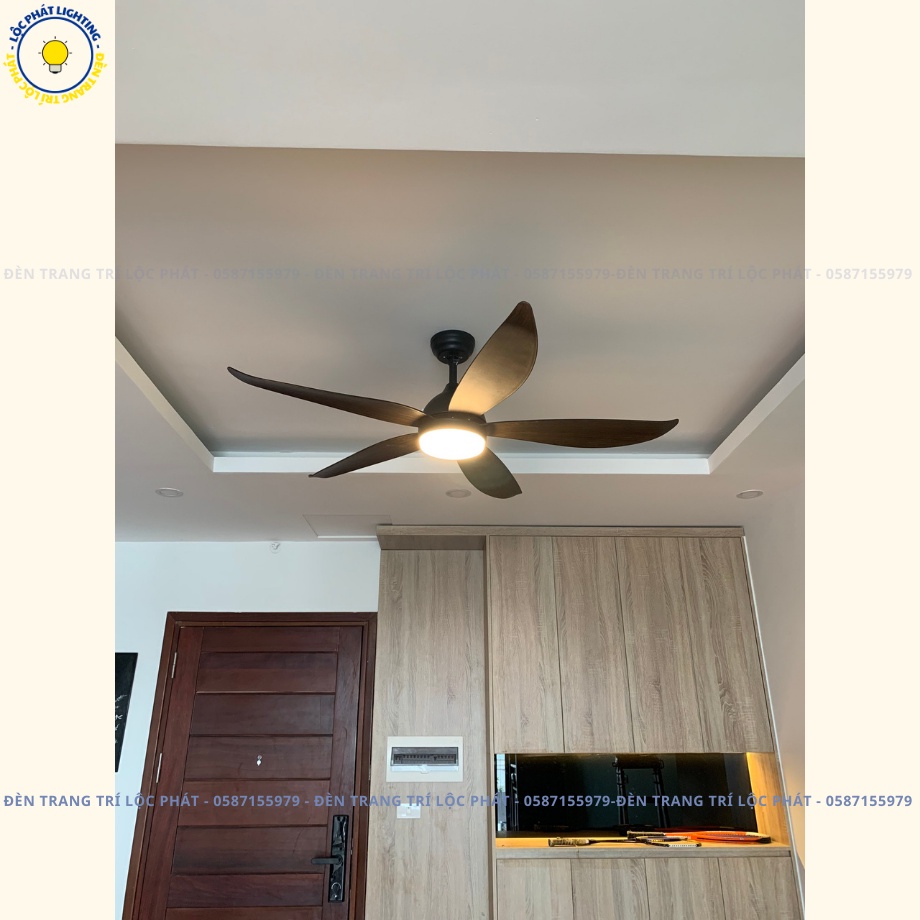 Quạt trần, quạt trần 5 cánh cong MS 6 cấp độ gió, 3 chế độ sáng kèm khiển hiện đại