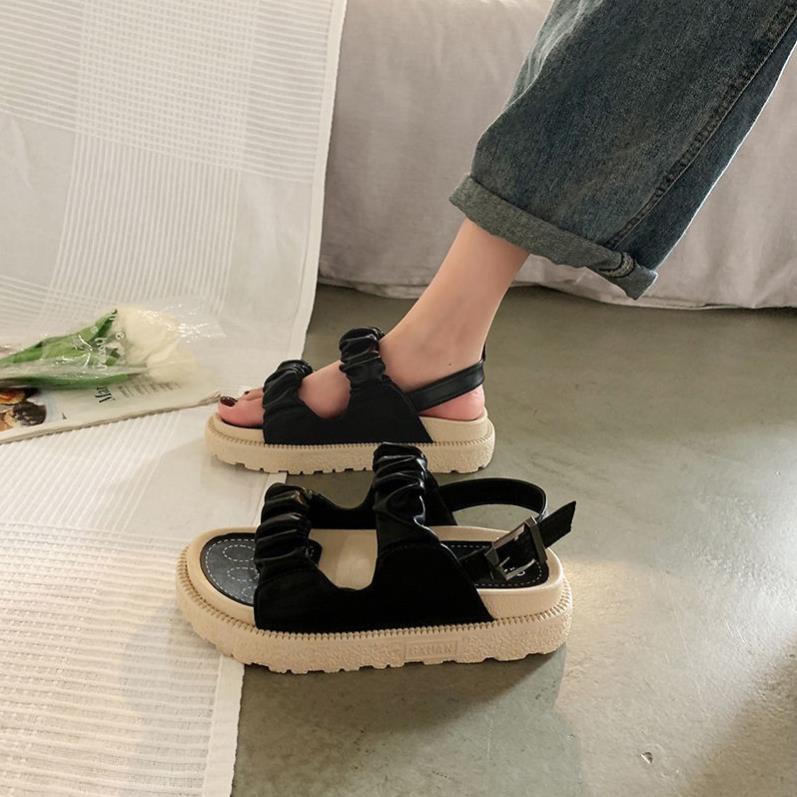 Dép sandal da ulzzang đế bánh mì hai quai nữ tính