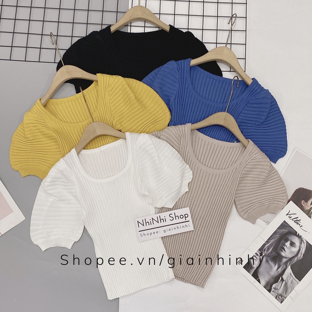 Áo len tăm kiểu cổ vuông tay bồng, Áo kiểu vai bồng tay bo chun AL1612 - NhiNhiShop
