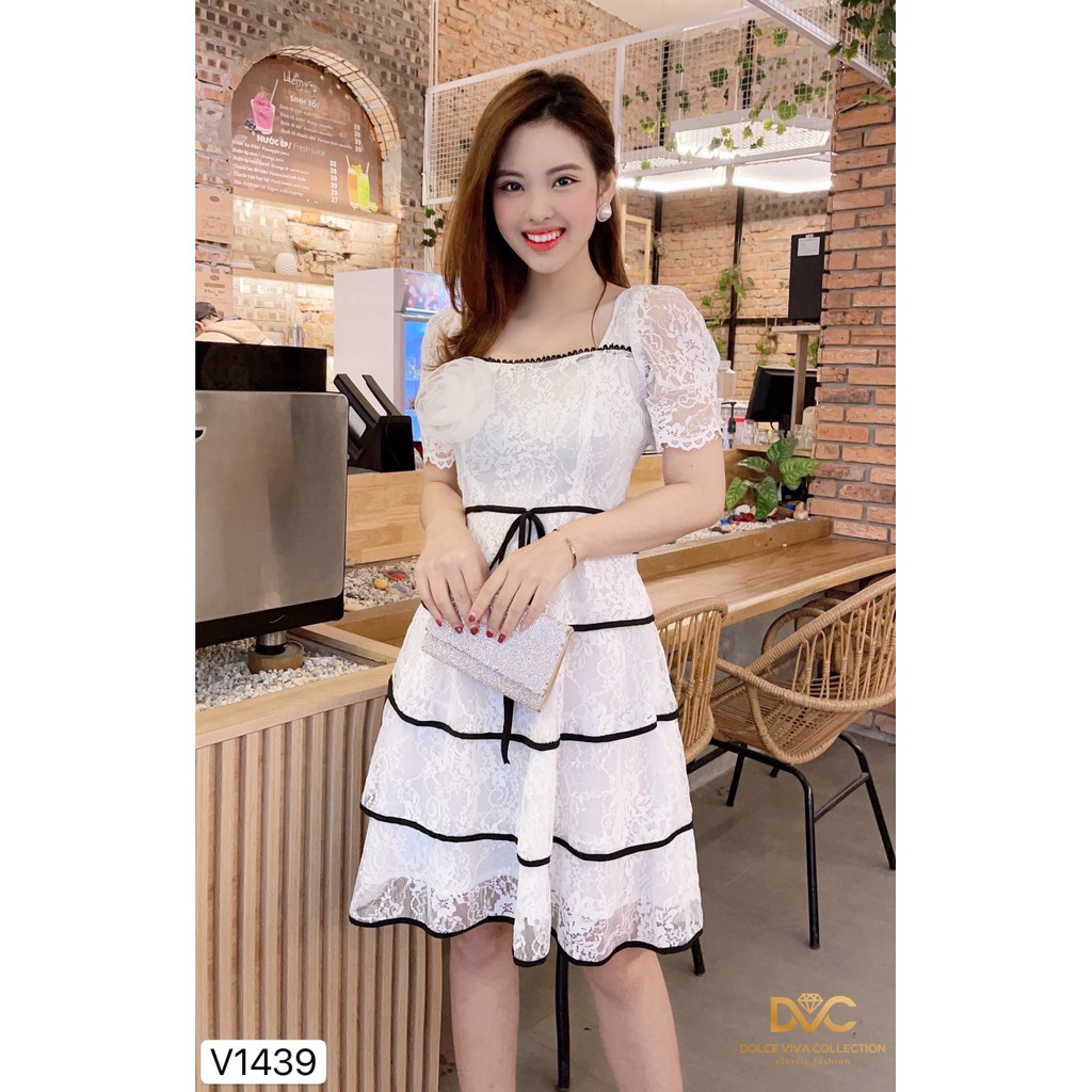 Váy trắng ren viền đen V1439 - Đẹp Shop DVC (Kèm ảnh thật trải sàn do shop tự chụp)