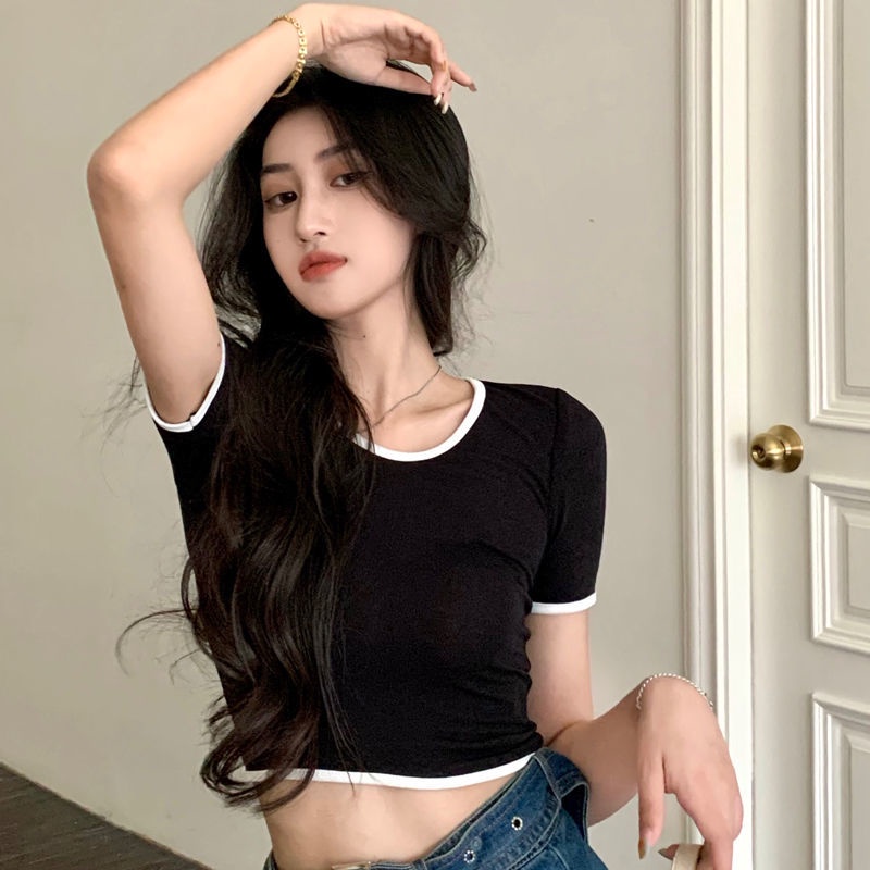 Áo Thun COZOK Croptop Ngắn Tay Cổ Tròn Form Ôm Màu Sắc Tương Phản