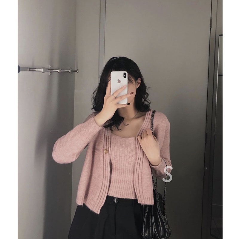Sét Áo 2 Dây Kèm Áo Cardigan Len Hàng Quảng Châu M1072-Violet