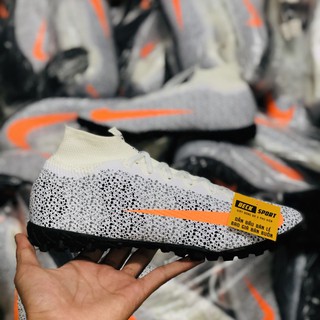 Giày Bóng Đá Mercurial Superfly 13 Elite CR7 Trắng Chấm Đen Vạch Cam Cao Cổ TF