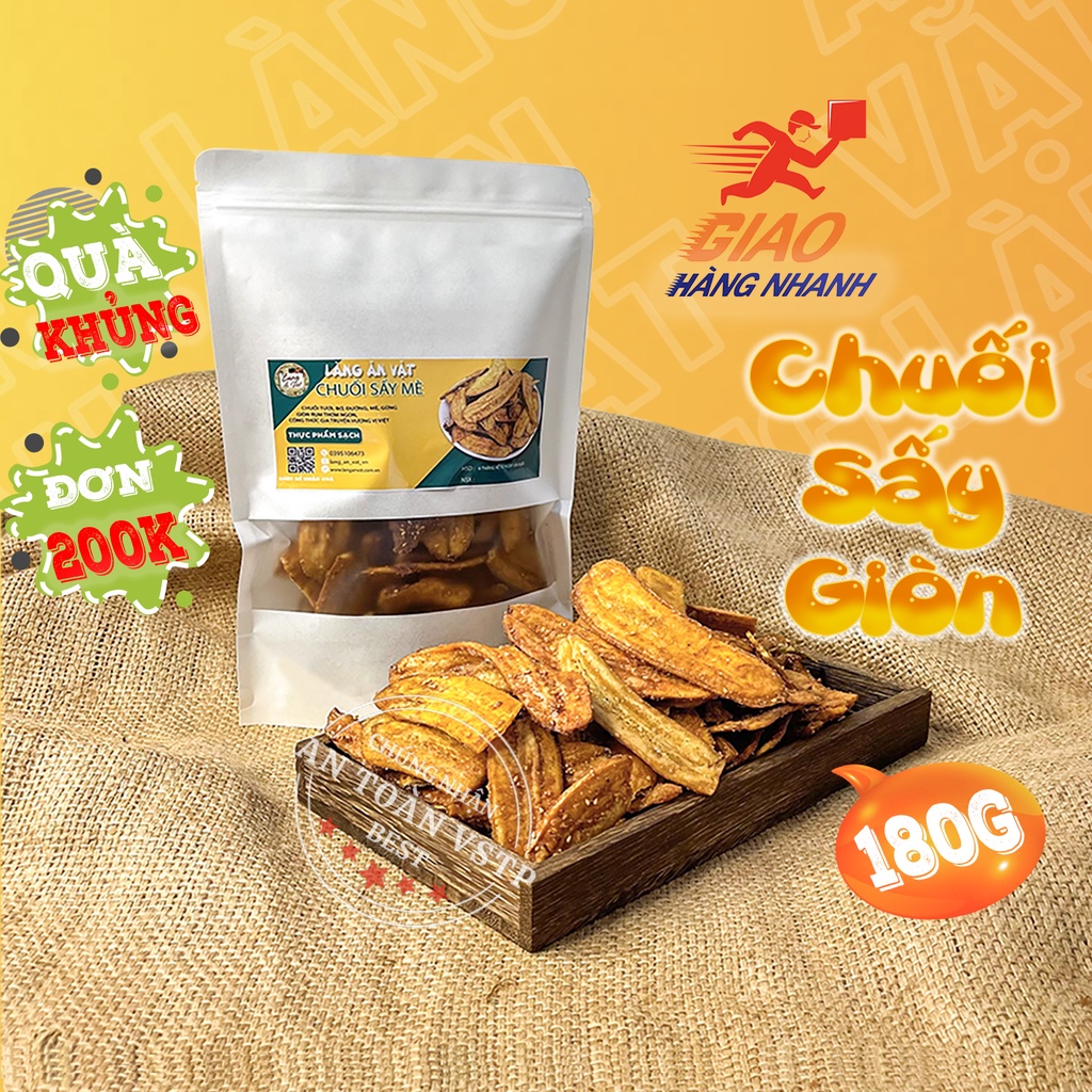 Chuối sấy khô mè gừng giòn 180G Làng Ăn Vặt loại 1, đồ ăn vặt đà lạt, thơm ngon bổ rẻ