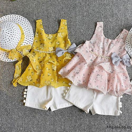 Set áo cộc tay + quần short + nón rộng vành dễ thương dành cho bé gái