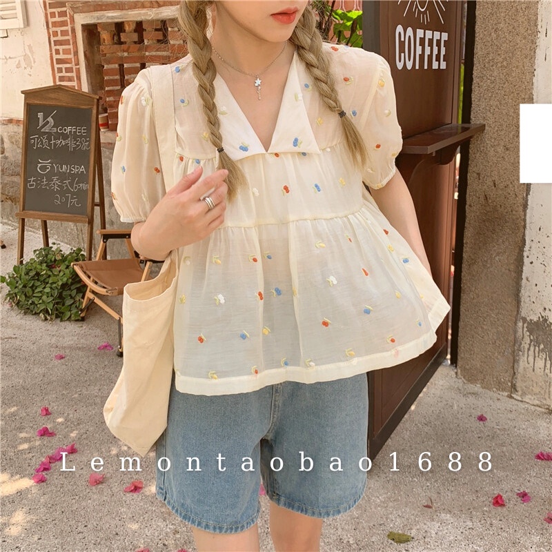 Áo chiffon tay ngắn cổ bẻ chữ V họa tiết dễ thương mùa hè