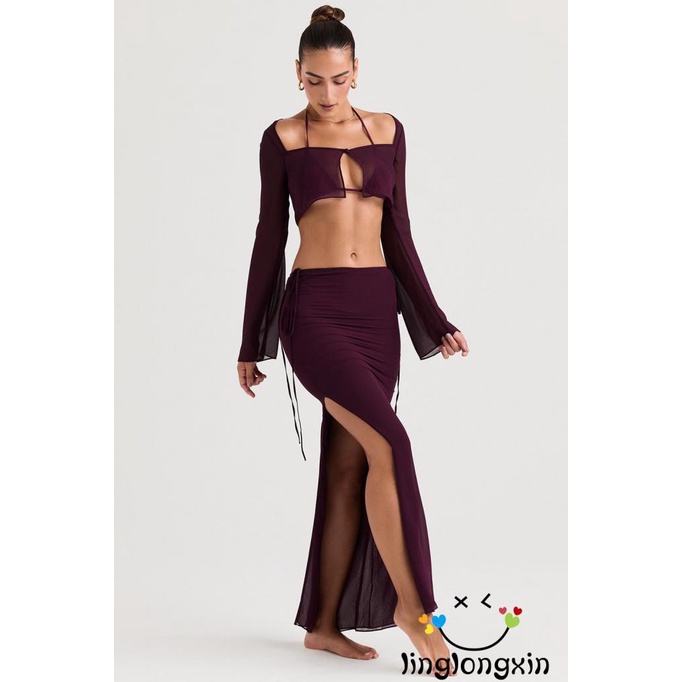Bộ Áo Croptop Dài Tay Màu Trơn + Chân Váy Dài Lưng Cao Xẻ Tà Phối Dây Thời Trang Cho Nữ Linglongxi2