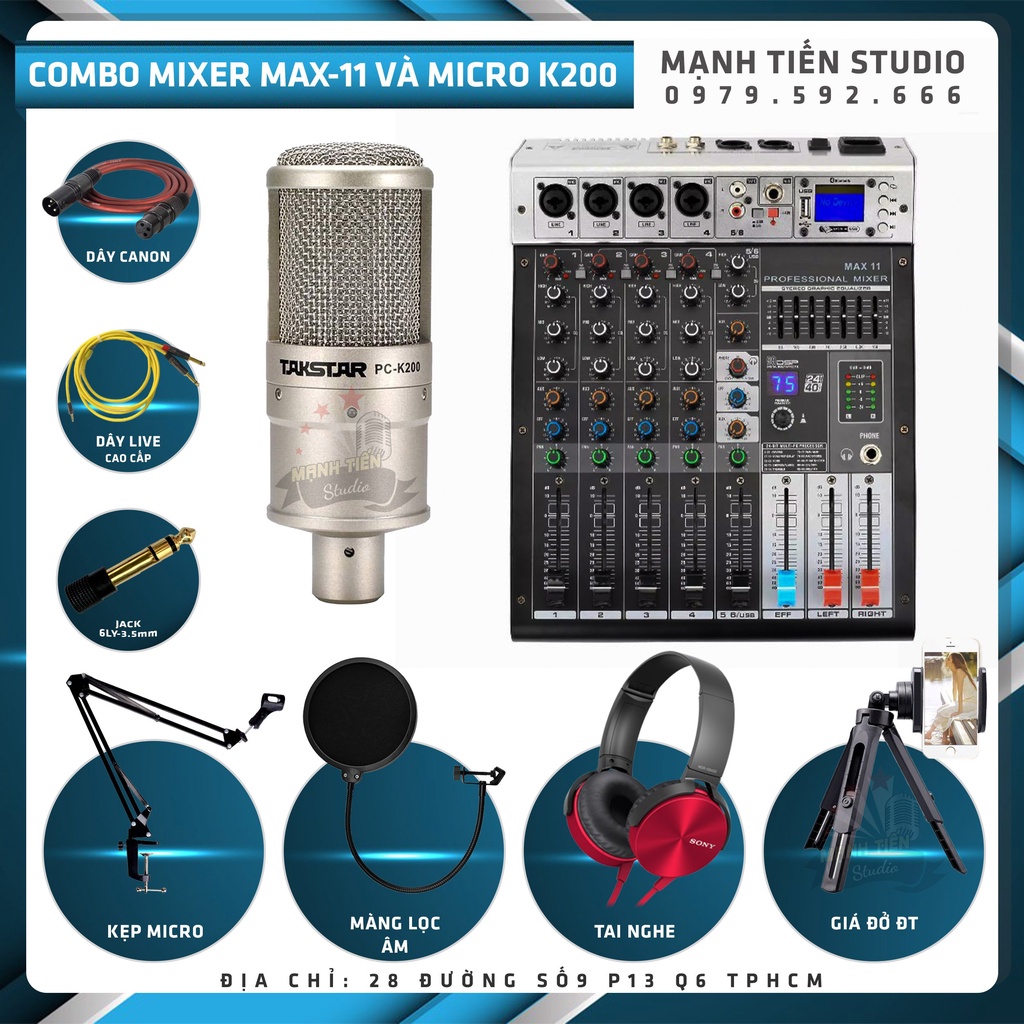 Combo thu âm livestream bán hàng facebook tiktok karaoke chuyên nghiệp Mixer Max 11 Và Micro K200 tặng full phụ kiện