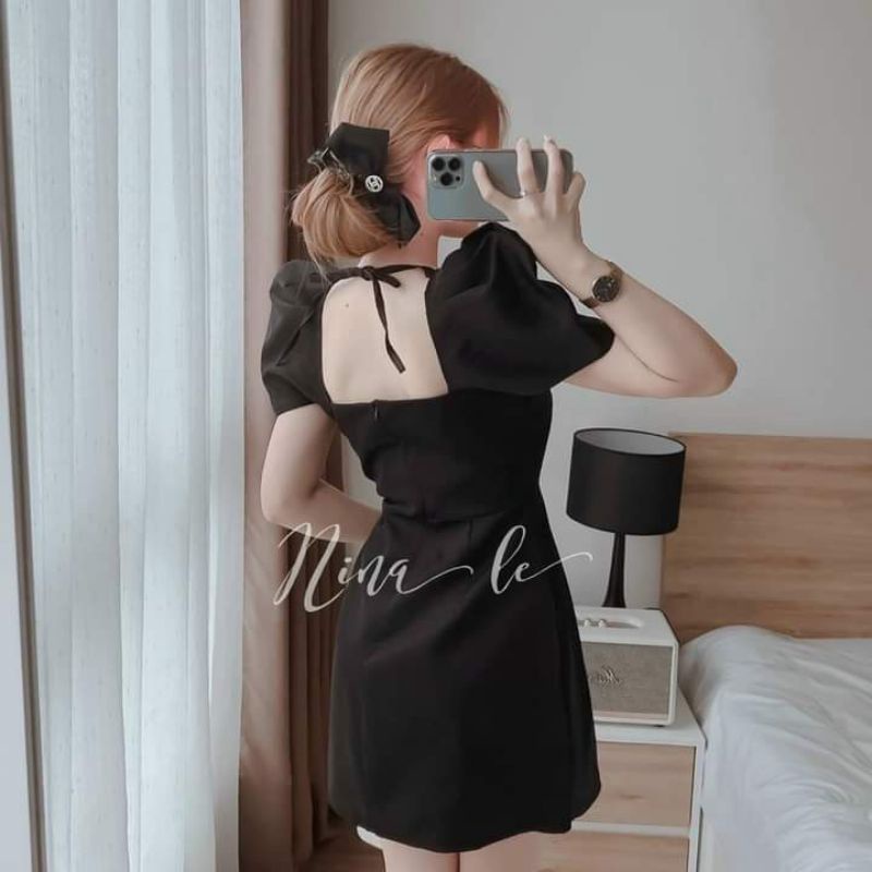 Đầm cổ vuông dây chéo tay phồng