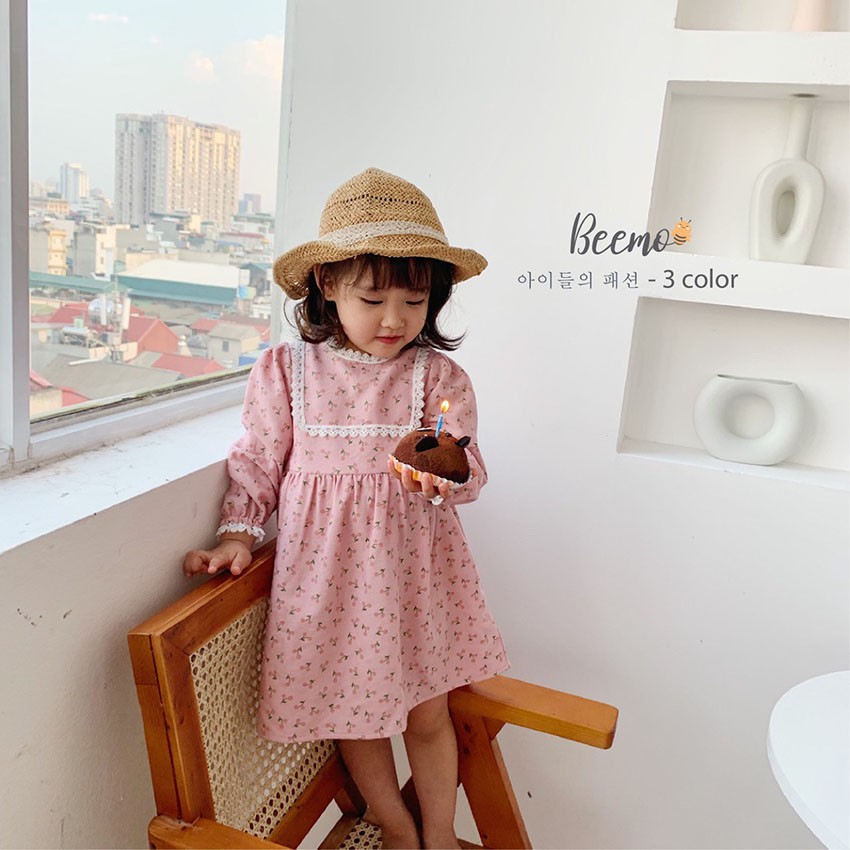 Váy đầm cho bé gái kiểu Baby doll Hàn Quốc vải nhung tăm hoa nhí dễ thương