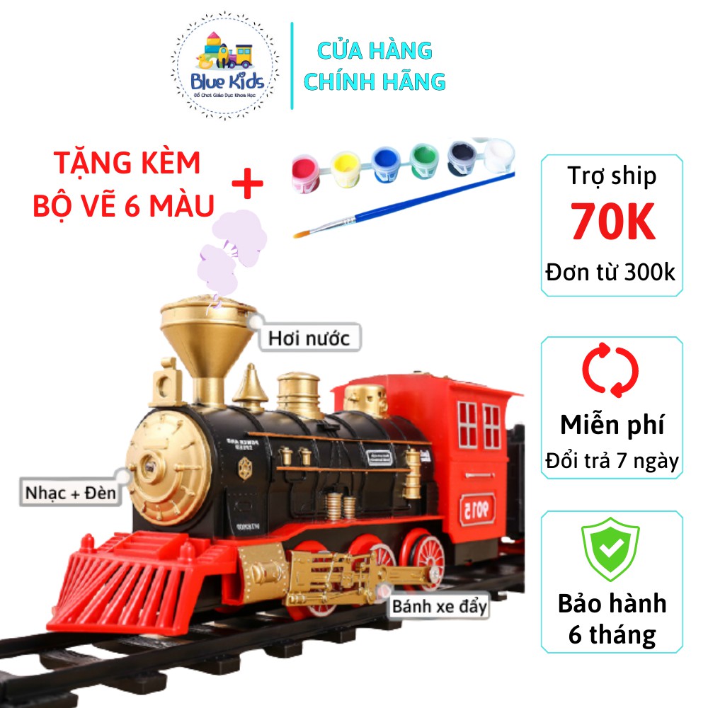 Đồ chơi mô hình tàu hỏa cổ điển chạy trên đường ray, nhả khói hơi nước, có đèn và âm thanh sống động cho bé