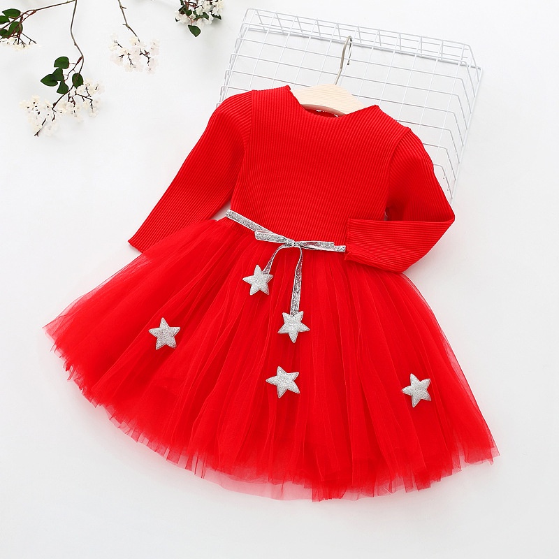 Váy thu đông bé gái  họa tiết đính ngôi sao xinh xắn dành cho bé 1-4 tuổi VT02