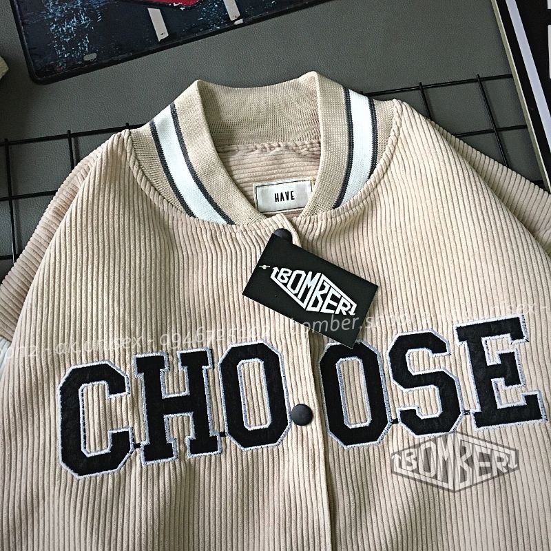 [Ảnh thật] Áo khoác bomber Nhung 2 lớp phối logo thêu CHOOSE thiết kế Unisex (2 màu - freesize)