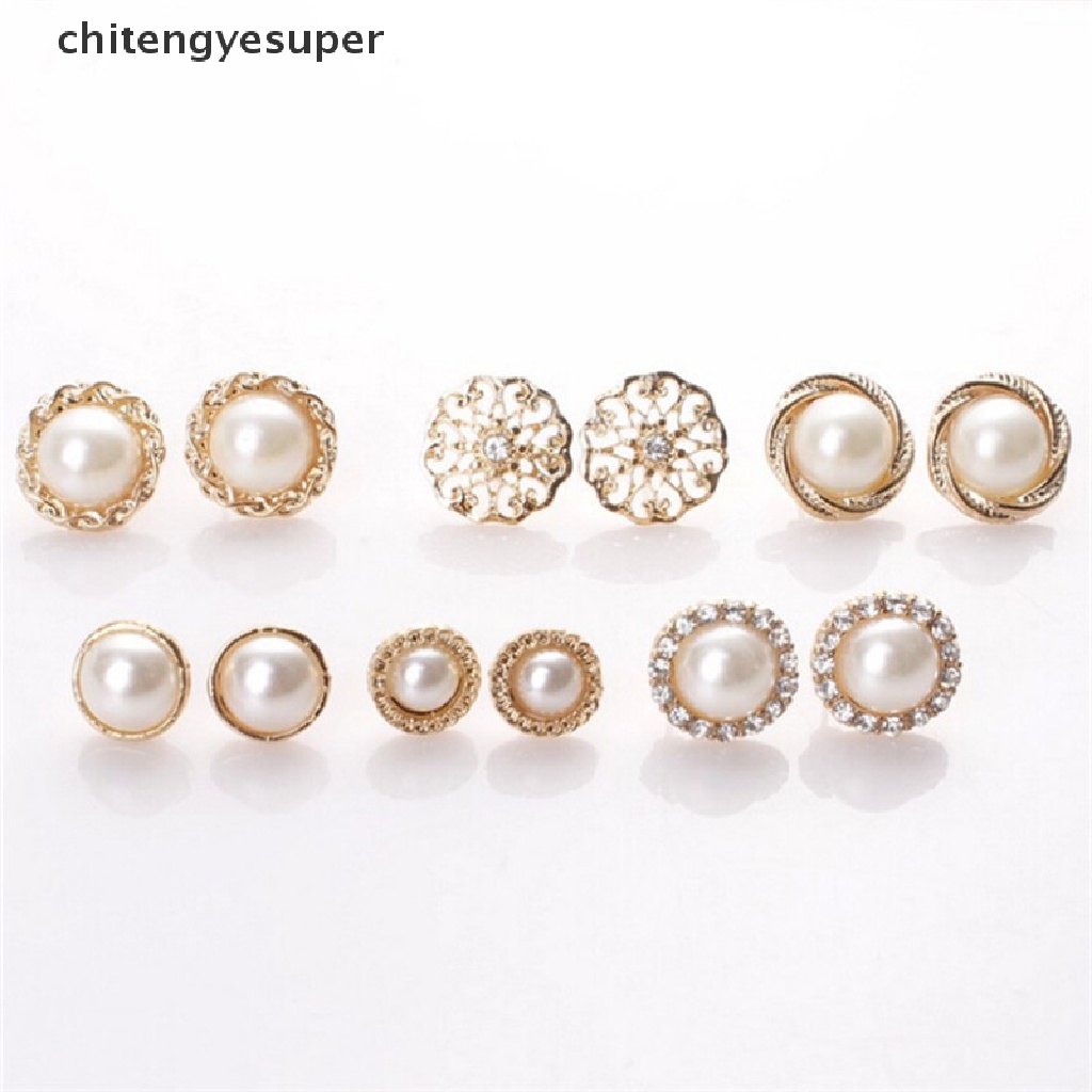 Chitengyesuper 6 Pairs Elegant Crystal Rhinestone Diamond Pearl Sign Ears Tiny Studs Earrings CGS
