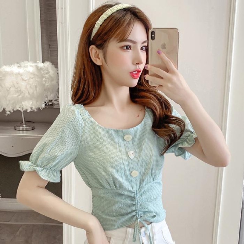 Áo Kiểu Nữ Cổ Vuông Crotop Tay Phồng Bánh Bèo Phong Cách Ulzzang Hàn Quốc