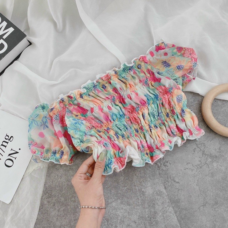 CROPTOP HOA BẸT VAI NHÚN CHỈ HOA