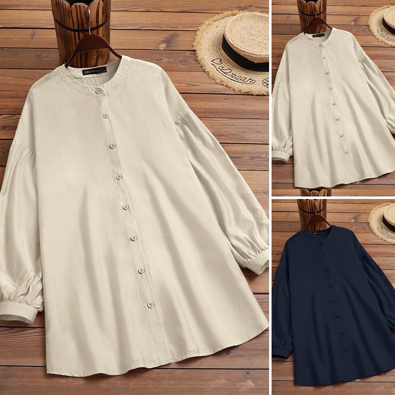 Áo sơ mi ZANZEA dáng rộng cổ tròn tay dài màu trơn cài một hàng khuy phong cách retro thời trang thường ngày cho nữ