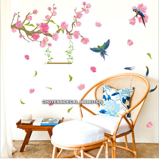 Decal dán tường - Cành Cây Hồng Phấn cùng Chim