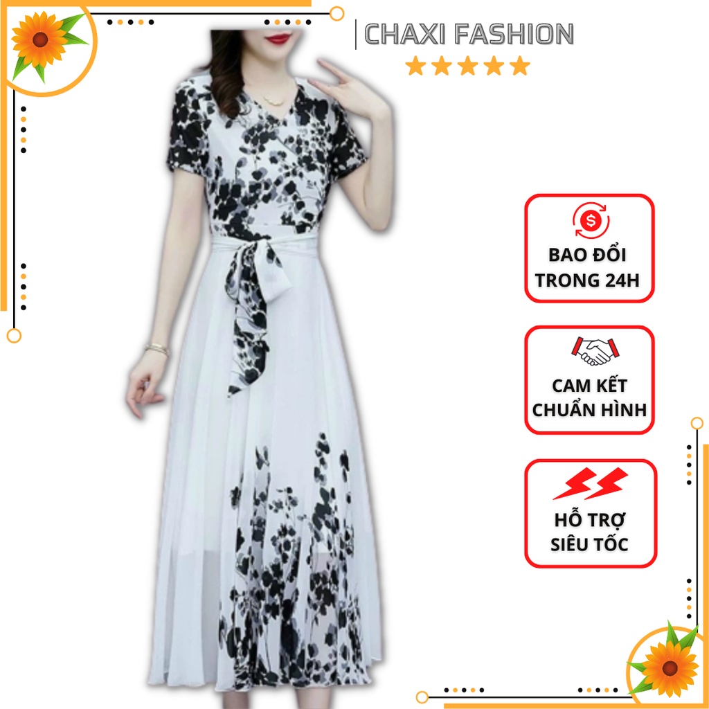 HÀNG NHẬP - ĐẦM XÒE MAXI VOAN TRẮNG IN HOA ĐEN EO BUỘC DÂY CAO CẤP - KBT411350