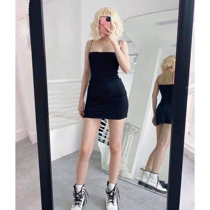 Váy Hai Dây Sợi Bún Ôm Body Chất Thun Gân Màu Đen Form Dưới 54kg