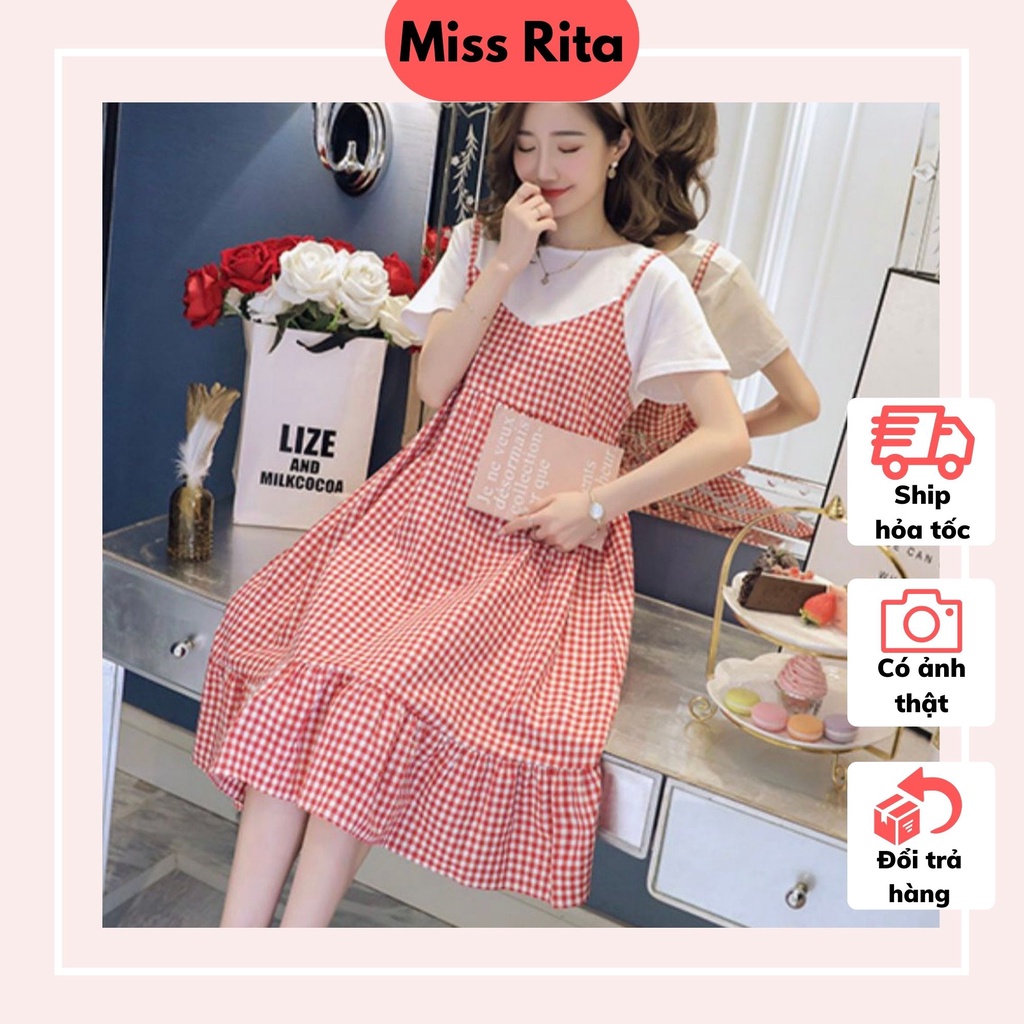 Đầm bầu cộc tay dáng babydoll đuôi cá dạng yếm dài qua gối thiết kế bởi Miss Rita