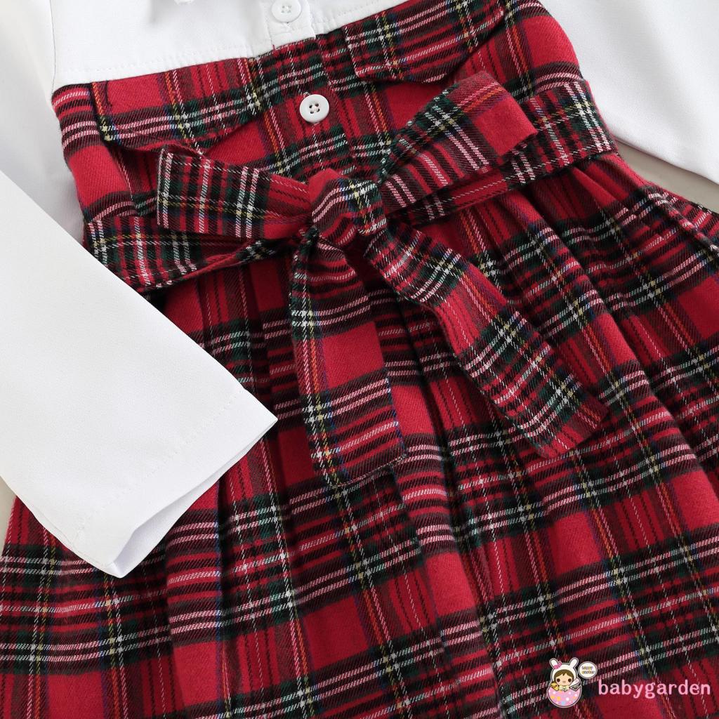 Đầm Chữ A Tay Dài Cổ Bẻ In Họa Tiết Caro Phối Thắt Lưng Thời Trang Mùa Xuân Cho Bé Gái 6 Tháng-5 Tuổi