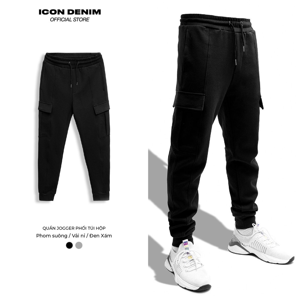 Quần Jogger Thể Thao Nam ICON DENIM Chất Nỉ Trơn Phối Túi Hộp