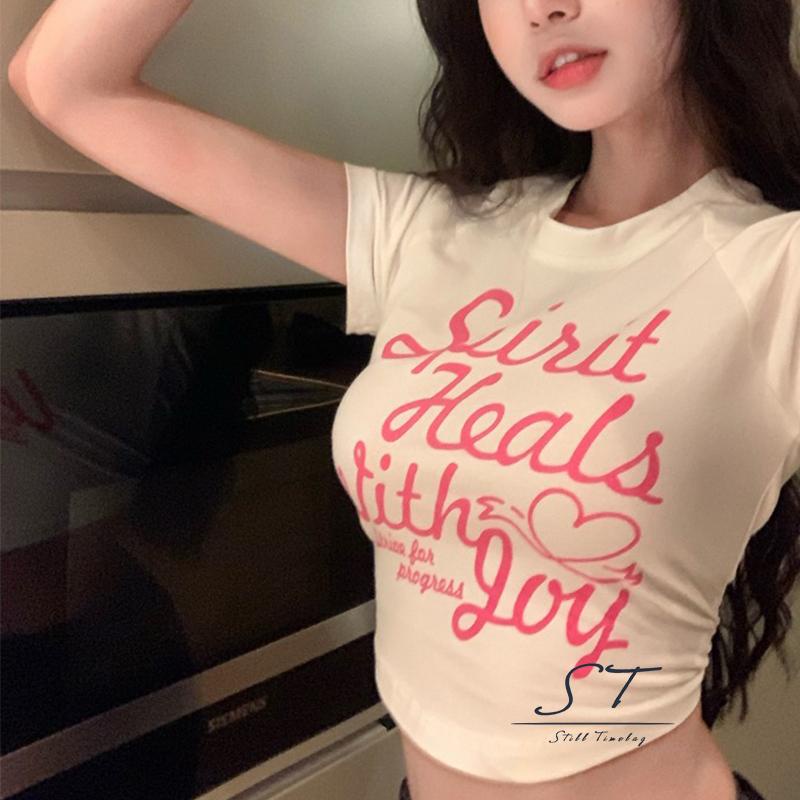 Áo Thun Crop Top Tay Ngắn Cổ Tròn In Chữ Thời Trang Mùa Hè CY03