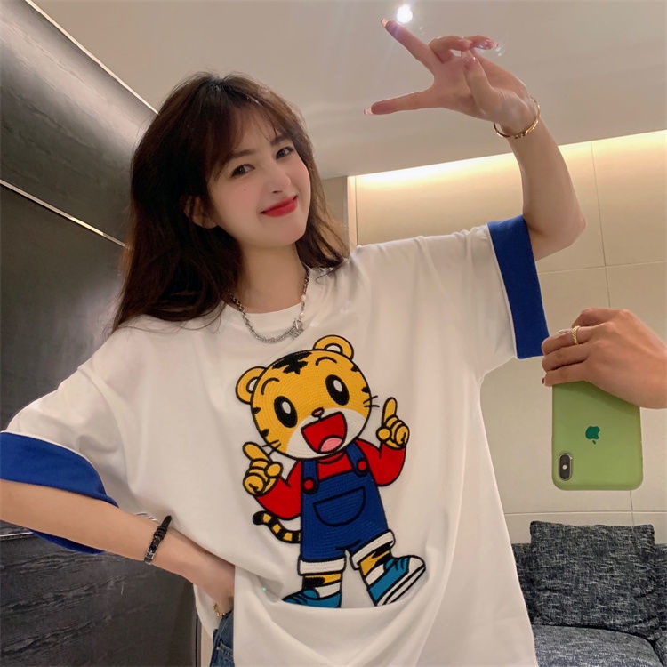 Áo Thun Tay Ngắn Cổ Tròn Dáng Rộng Thêu Họa Tiết Hoạt Hình Phong Cách Hàn Quốc Thời Trang Mùa Hè