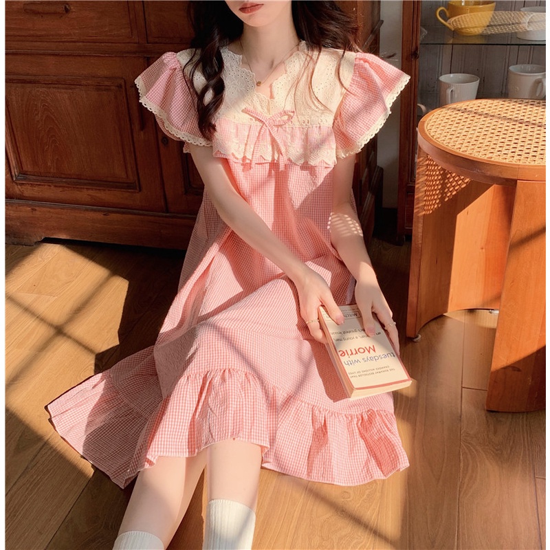 Set váy thô nữ mặc nhà tay phồng caro hồng quảng châu