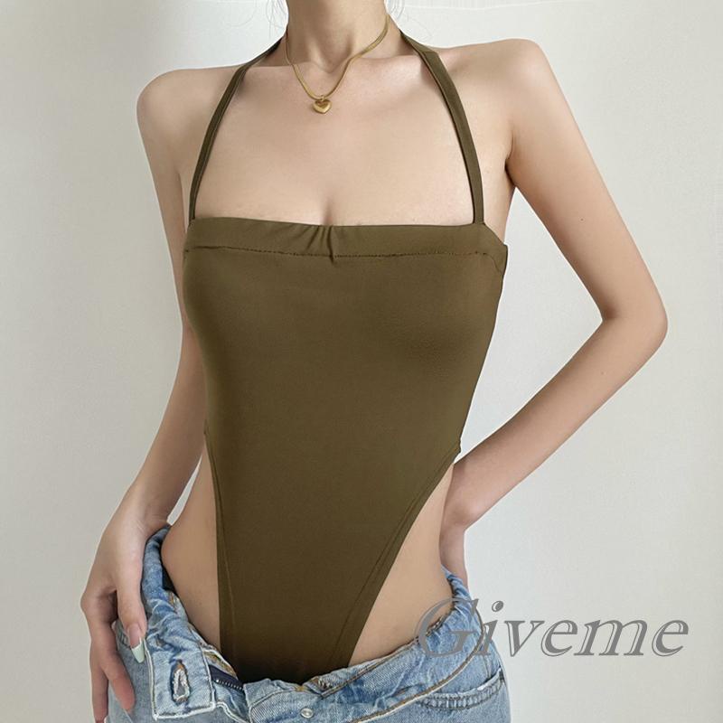 Bộ Áo Liền Quần Cổ Yếm Màu Trơn Thời Trang Dành Cho Nữ