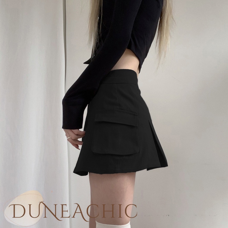 DUNEA Chân váy jean dáng chữ A lưng cao phối túi thời trang cá tính cho nữ