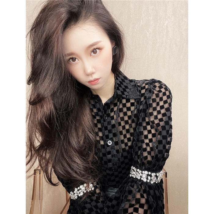 Áo sơ mi tay phồng khảm hạt kim cương thủ công phong cách mùa thu dễ phối đồ cho nữ