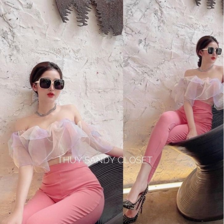 Áo trễ vai - áo crt trễ vai bèo voan tơ cầu vòng nổi bật