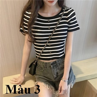 Áo len nữ kẻ cộc tay croptop