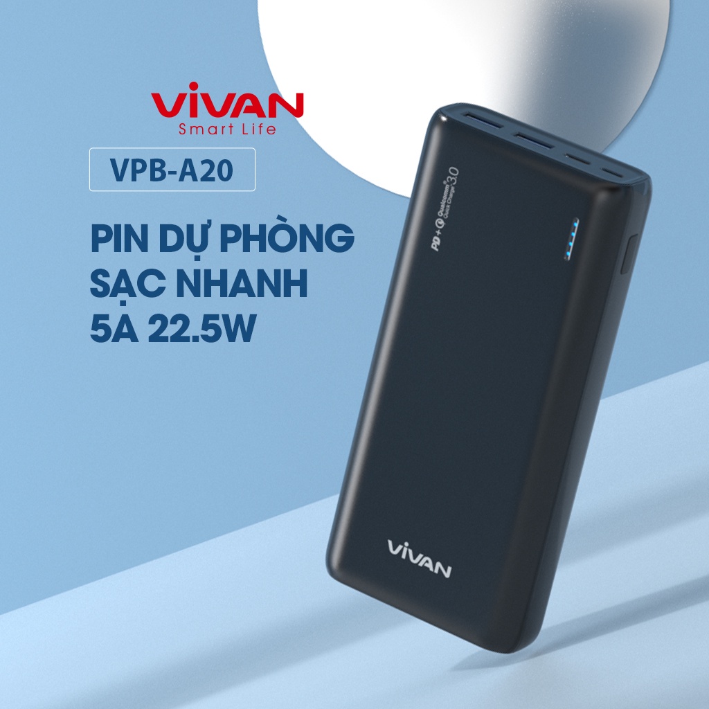 Pin Sạc Dự Phòng VIVAN VPB-A20 Dung Lượng 20000MAH Công Suất Lớn22.5W Hỗ Trợ Sạc Nhanh 5A Chuẩn PD QC 3.0 VOOC