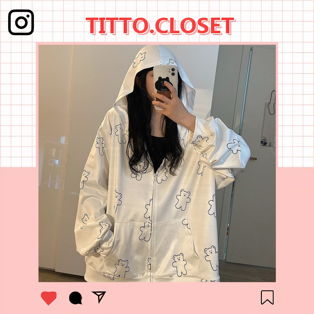 Áo Khoác Thun Có Mũ Hình Gấu - Áo Khoác Form Rộng - Kèm Video, Ảnh Thật - Titto Closet