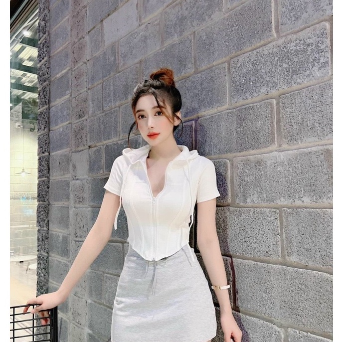 áo kiểu tay ngắn có nón chất thun gân viền sọc chỉ thân đẹp l