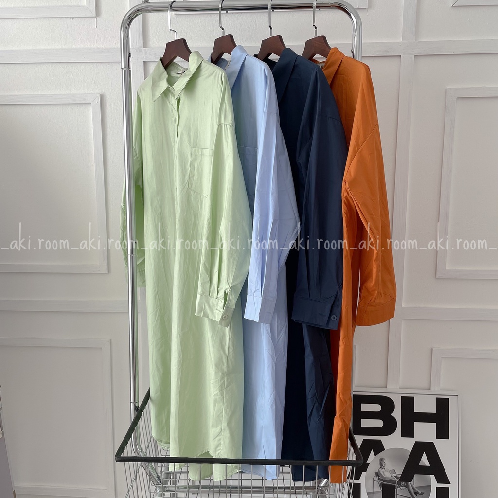 Váy sơ mi thô lụa trơn dài tay form rộng túi ngực trái 9922