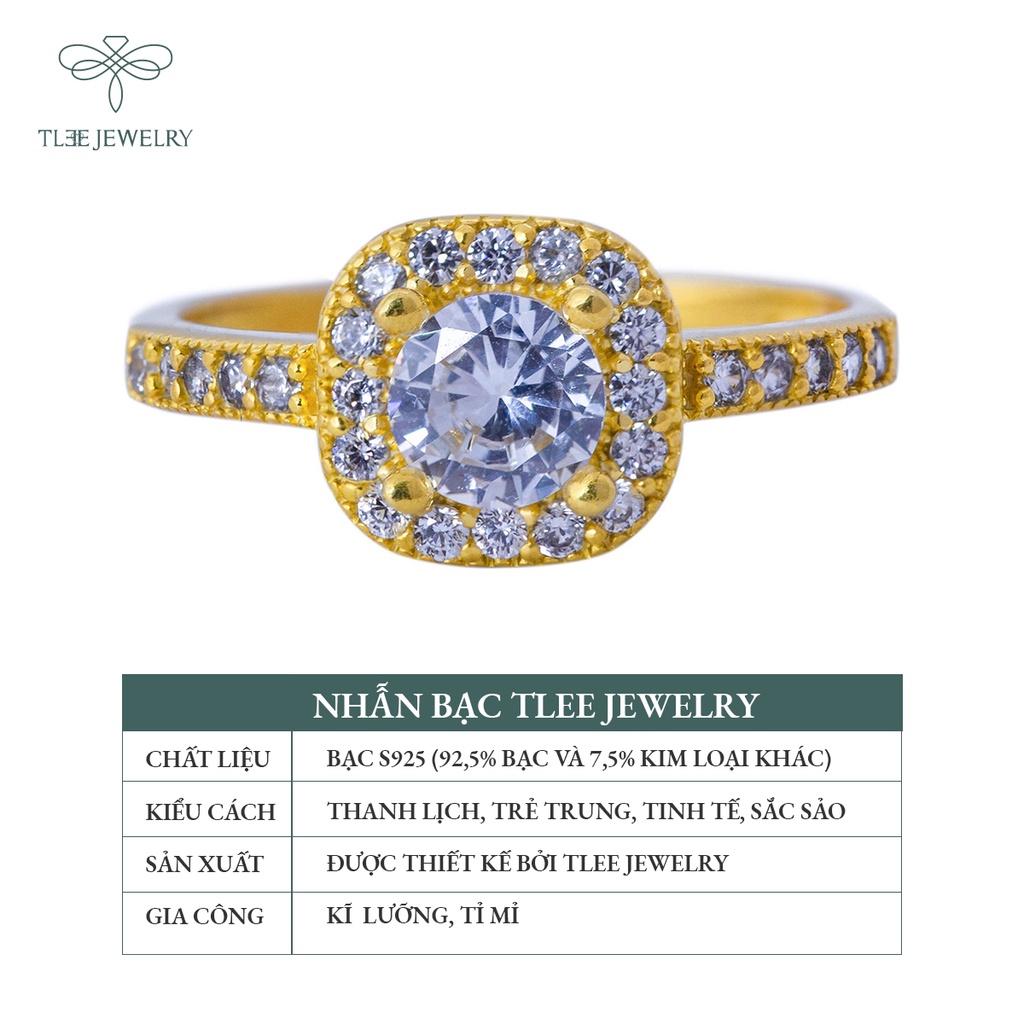 Nhẫn bạc nữ TLEE mặt vuông mạ vàng 14k nạm đá viền cao cấp NCJ A0111