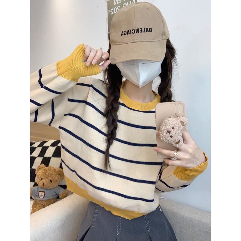 ZHELIHANGFEI Áo Len Tay Dài Lưng Cao Họa Tiết Kẻ Sọc Hợp Thời Trang
