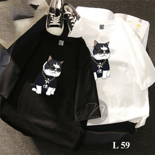 Áo phông mèo đen trắng đeo kính cực ngầu [FREESHIP] Áo unisex, áo thun đôi nam nữ đen trắng from rộng, vải cotton xịn