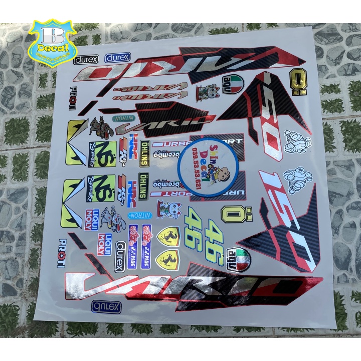 ( Quí khách vui lòng mang ra tiệm cho thợ dán ) Tem vario 150 indo đỏ chất liệu Crom