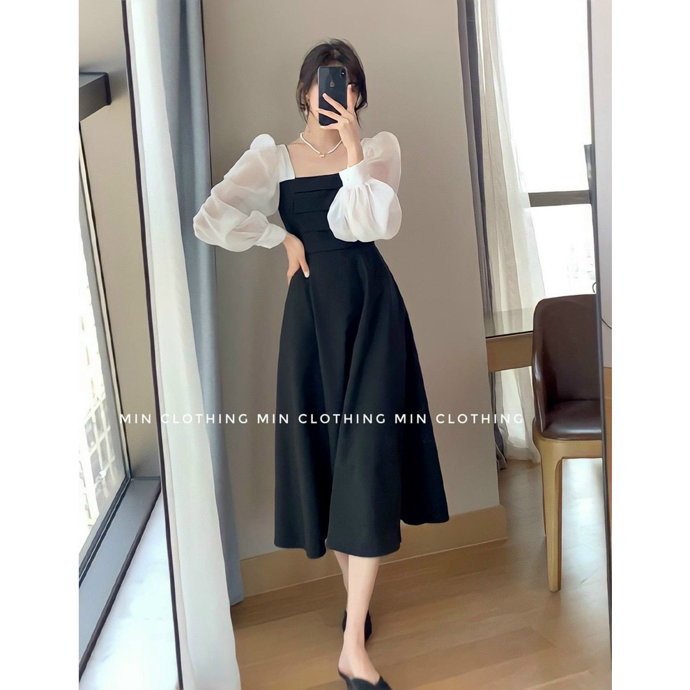 Đầm Dáng Dài Màu Đen Thiết Kể Cổ Vuông Tay Phồng Phối Ren Nhẹ Nhàng Nữ Tính Thời Trang Nữ Xm Minh Phúc
